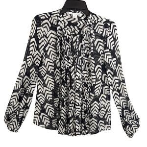 Diane Von Furstenberg Silk Blouse Sheer Black White Pleated Timeless Style SZ 4
